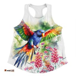 Amazing Aussie Australia Rainbow Lorikeets Rainbow Lorikeets Flying With Grevillea Flowers Art Women Tank Top