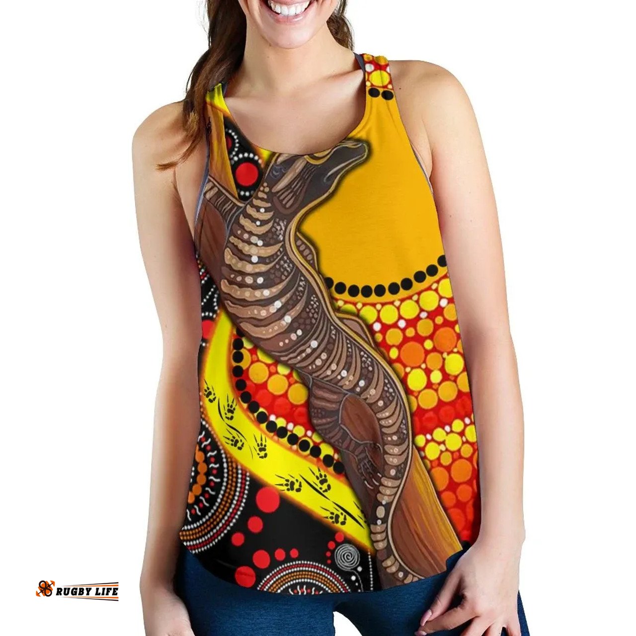 Amazing Aussie Australia Australian Aboriginal Inspired Dot Painting Sun and Lizard Women Tank Top