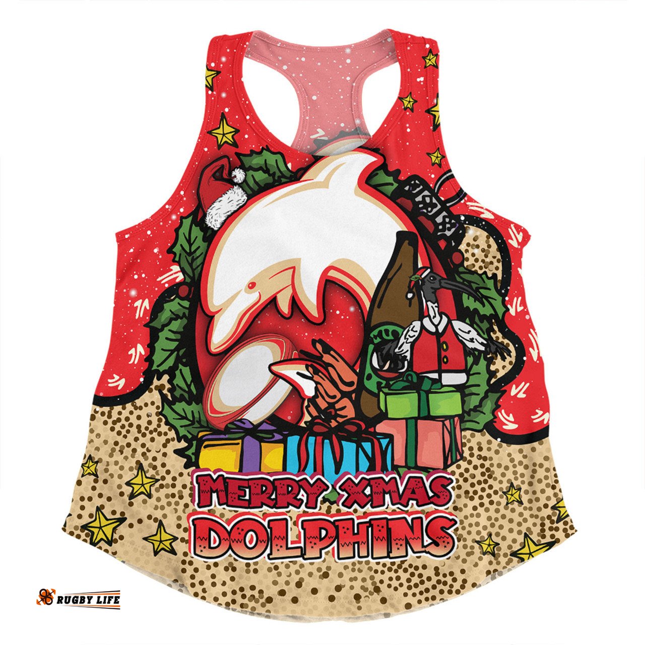 Amazing Aussie Redcliffe Dolphins Christmas Custom Merry Christmas Our Beloved Team With Aboriginal Dot Art Pattern Women Tank Top
