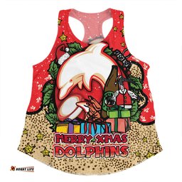 Amazing Aussie Redcliffe Dolphins Christmas Custom Merry Christmas Our Beloved Team With Aboriginal Dot Art Pattern Women Tank Top