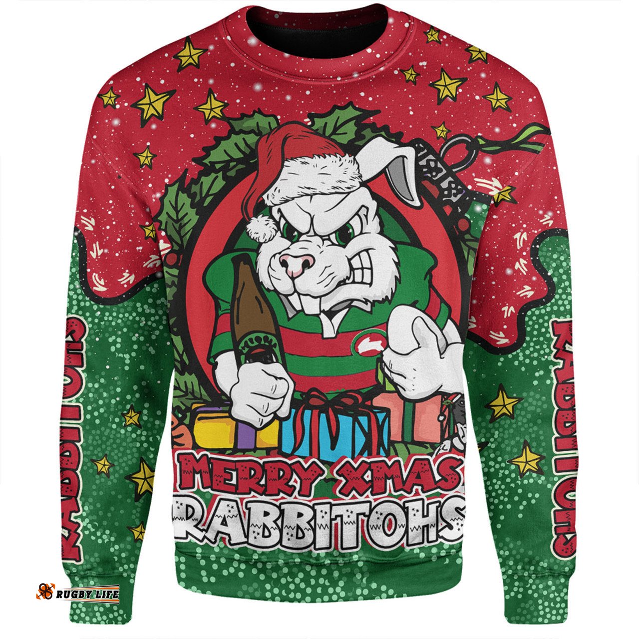 South Sydney Rabbitohs Custom Sweatshirt - Merry Christmas Our Beloved Team With Aboriginal Dot Art Pattern Sweatshirt