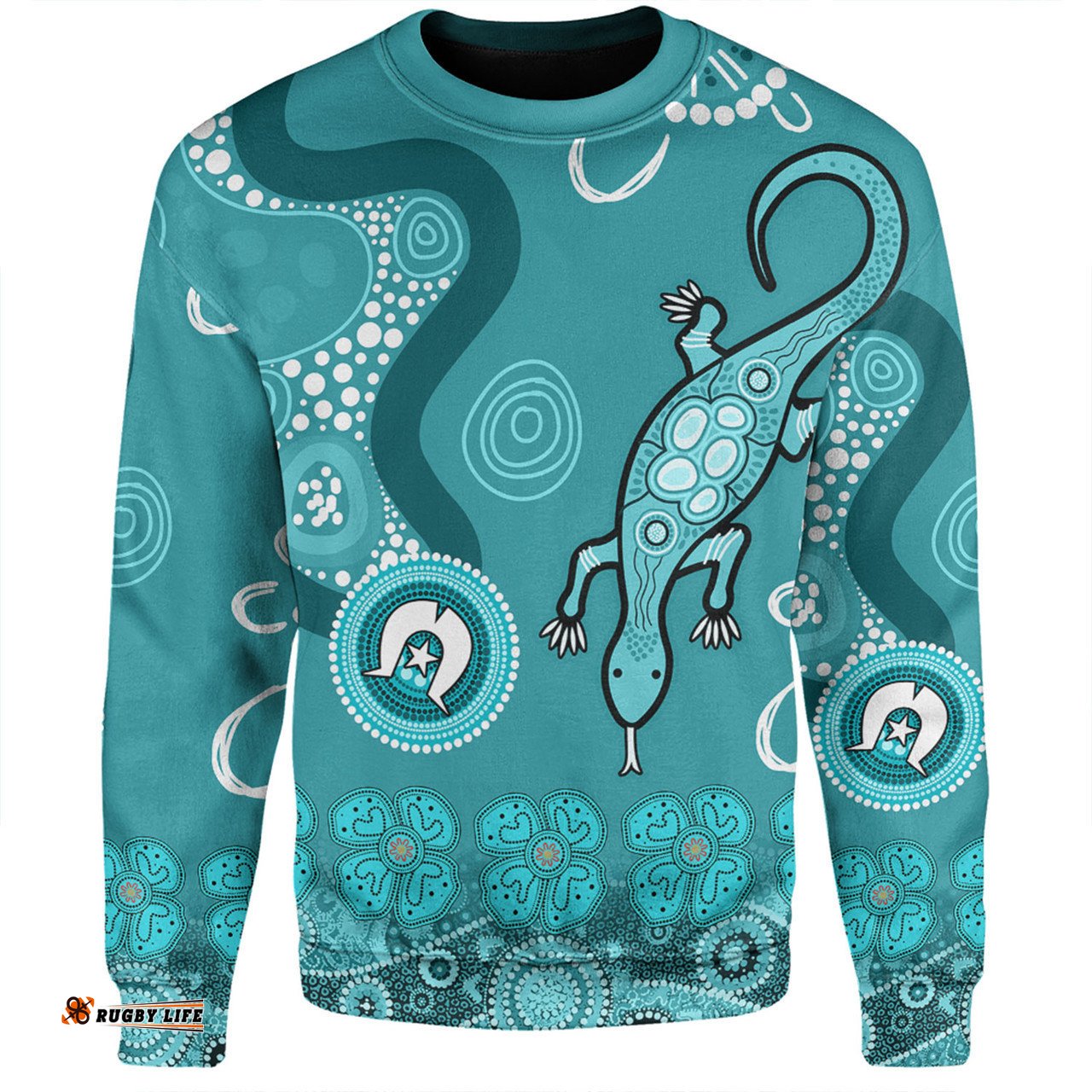 Australia Goanna Aboriginal Sweatshirt - Indigenous Dot Goanna (Teal Blue) Sweatshirt
