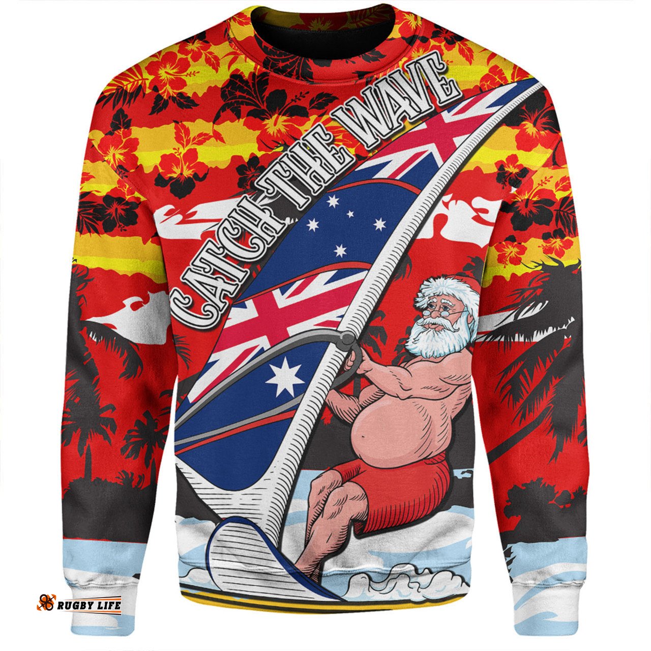 Australia Surfing Christmas Sweatshirt - Tropical Santa Catch The Wave Sweatshirt