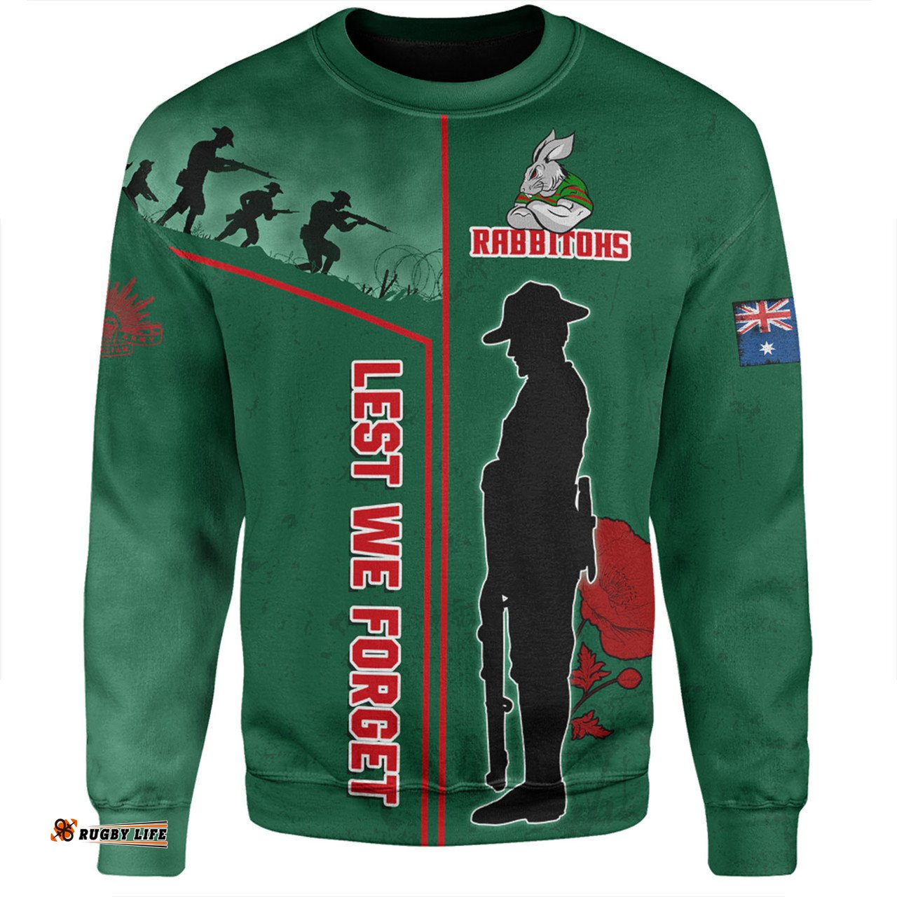 South Sydney Rabbitohs Sweatshirt - Anzac Day Lest We Forget Poppy