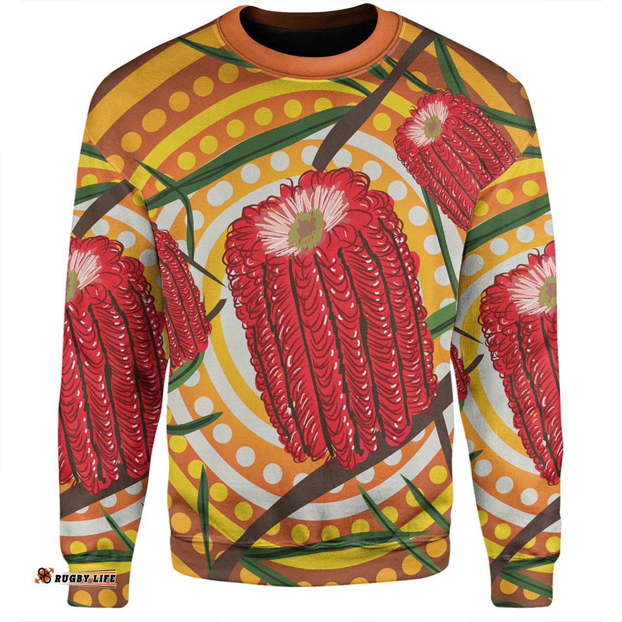 Australia Flowers Aboriginal Sweatshirt - Aboriginal Dot Painting With Red Banksia Flower Sweatshirt