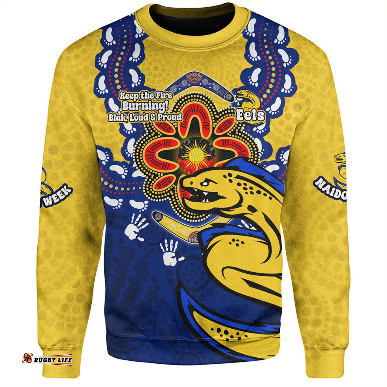 Parramatta Eels Sweatshirt Aboriginal Inspired Naidoc Symbol Pattern