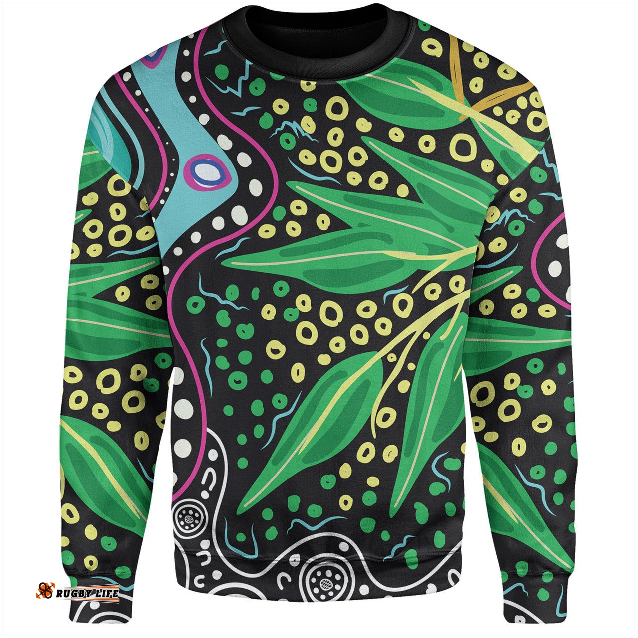 Australia Wattle Leaves Sweatshirt - Aboriginal Dot Art And Wattle Leaves Sweatshirt