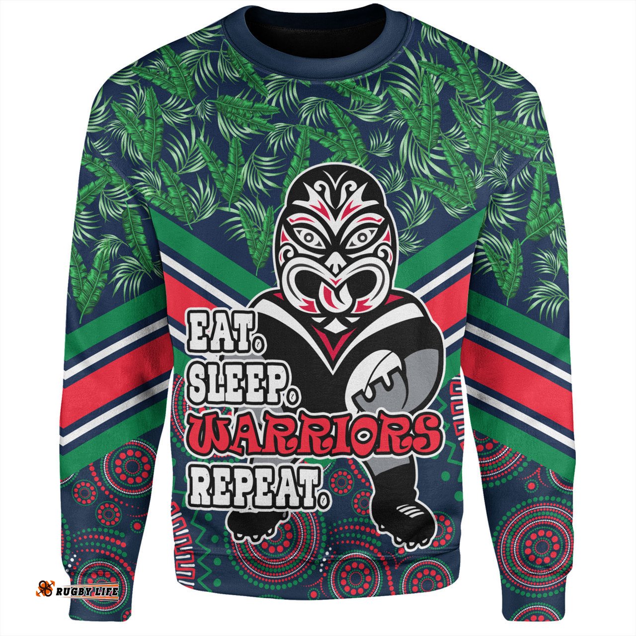 New Zealand Warriors Sport Sweatshirt - Tropical Patterns And Dot Painting Eat Sleep Rugby Repeat