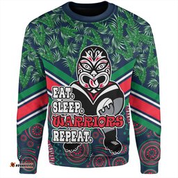 New Zealand Warriors Sport Sweatshirt - Tropical Patterns And Dot Painting Eat Sleep Rugby Repeat