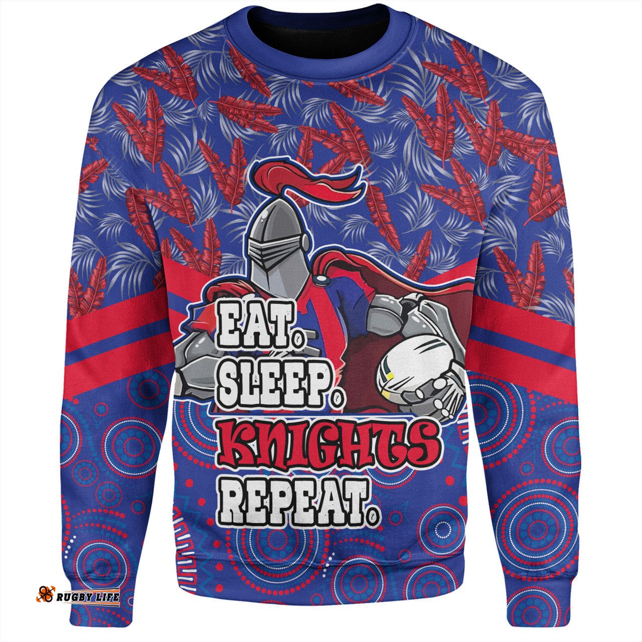 Newcastle Knights Sport Sweatshirt - Tropical Patterns And Dot Painting Eat Sleep Rugby Repeat