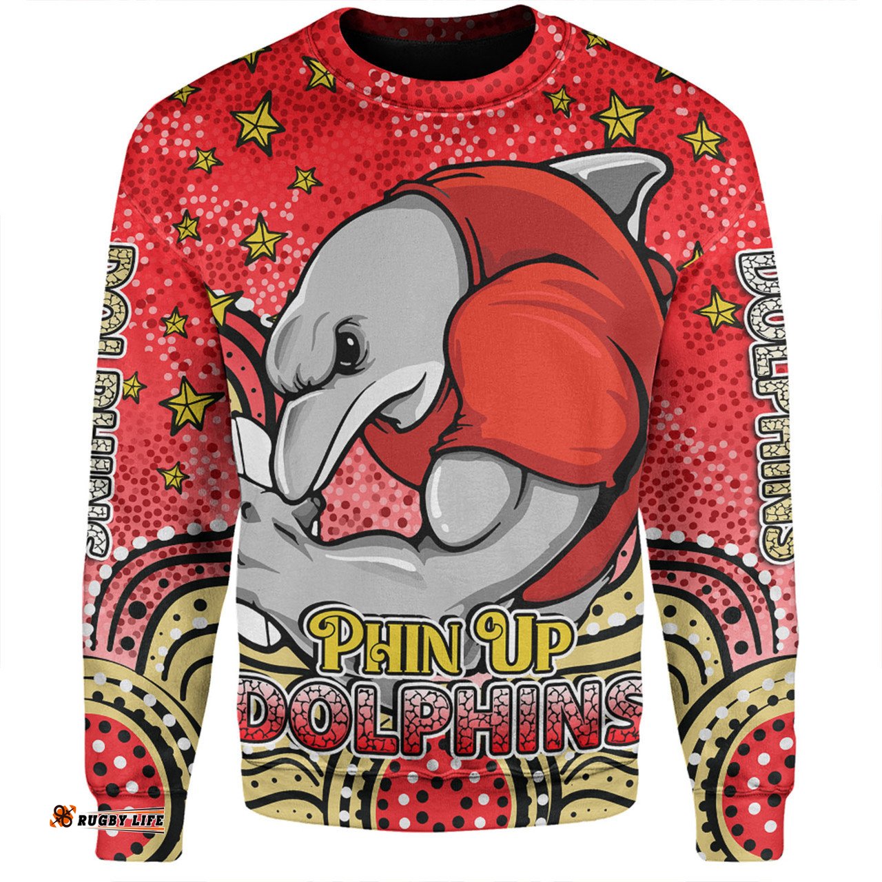 Redcliffe Dolphins Custom Sweatshirt - Custom With Aboriginal Inspired Style Of Dot Painting Patterns  Sweatshirt