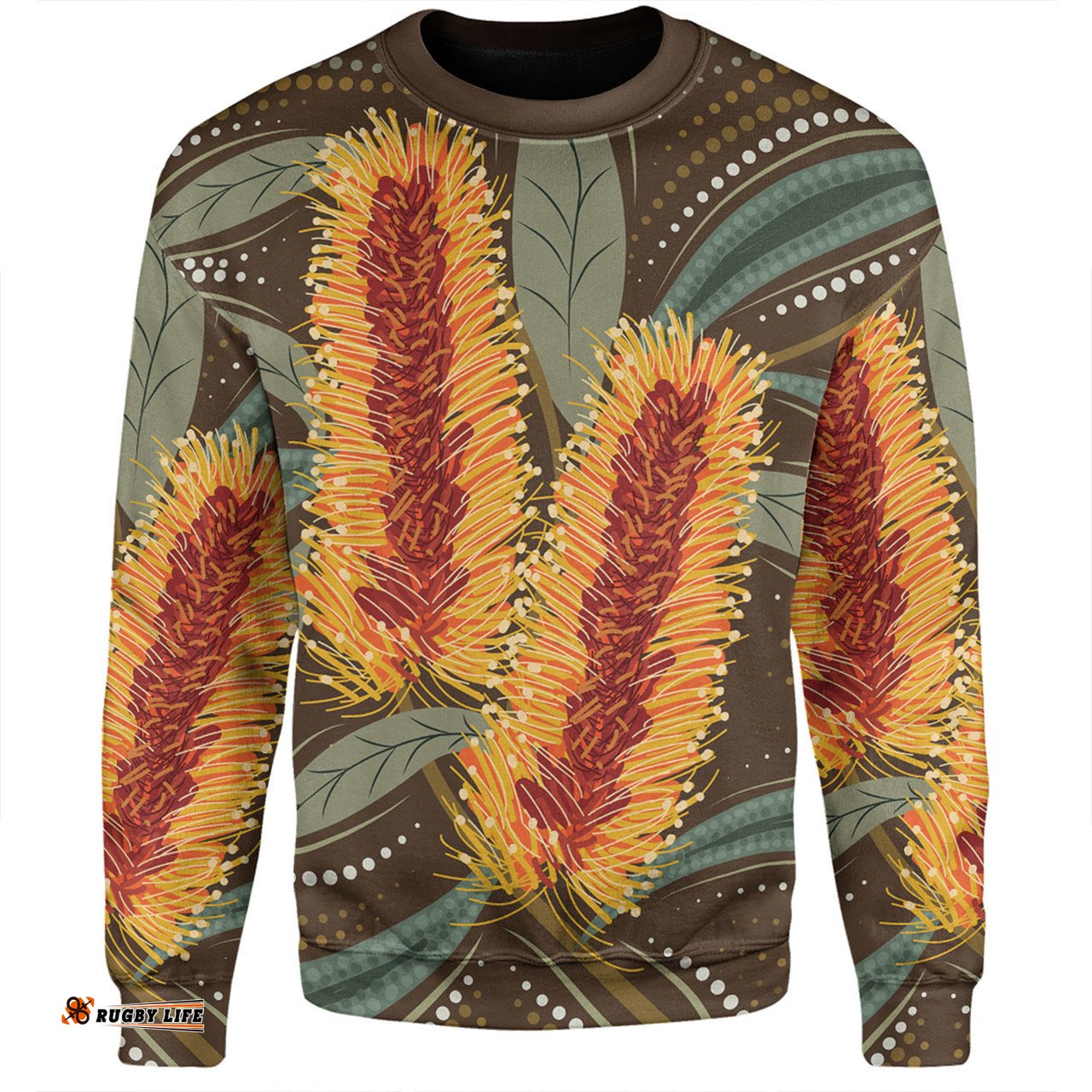 Australia Flowers Aboriginal Sweatshirt - Aboriginal Dot Art With Yellow Banksia Flower Sweatshirt