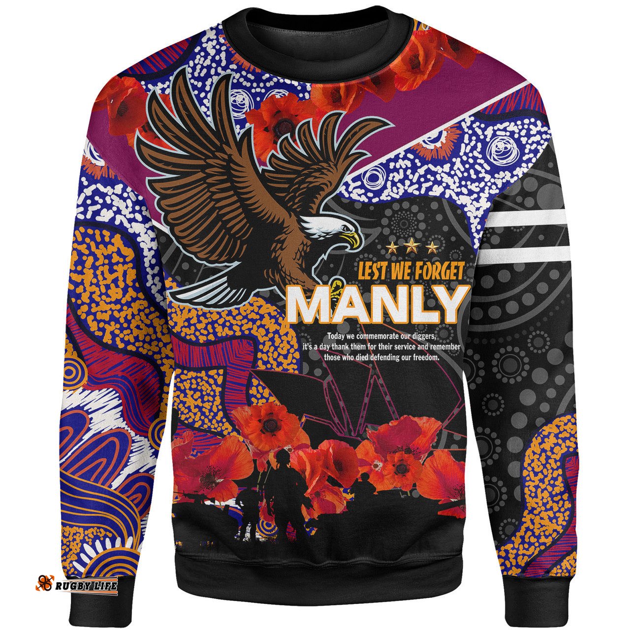 Manly Warringah Sea Eagles Anzac Sweatshirt - Lest We Forget Aboriginal Inspired Patterns Sweatshirt