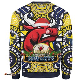 North Queensland Cowboys Christmas Sweatshirt - Custom Merry Christmas North Queensland Cowboys Dot Art Painting Footprints Sweatshirt