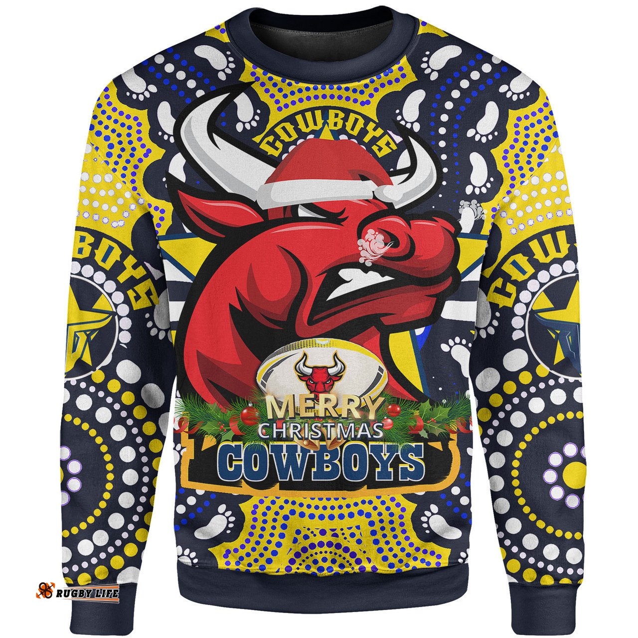 North Queensland Cowboys Christmas Sweatshirt - Custom Merry Christmas North Queensland Cowboys Dot Art Painting Footprints Sweatshirt