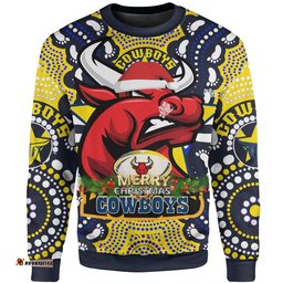 North Queensland Cowboys Christmas Sweatshirt - Custom Merry Christmas North Queensland Cowboys Dot Art Painting Footprints Sweatshirt