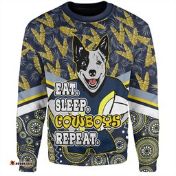 North Queensland Cowboys Sweatshirt - Tropical Patterns And Dot Painting Eat Sleep Rugby Repeat