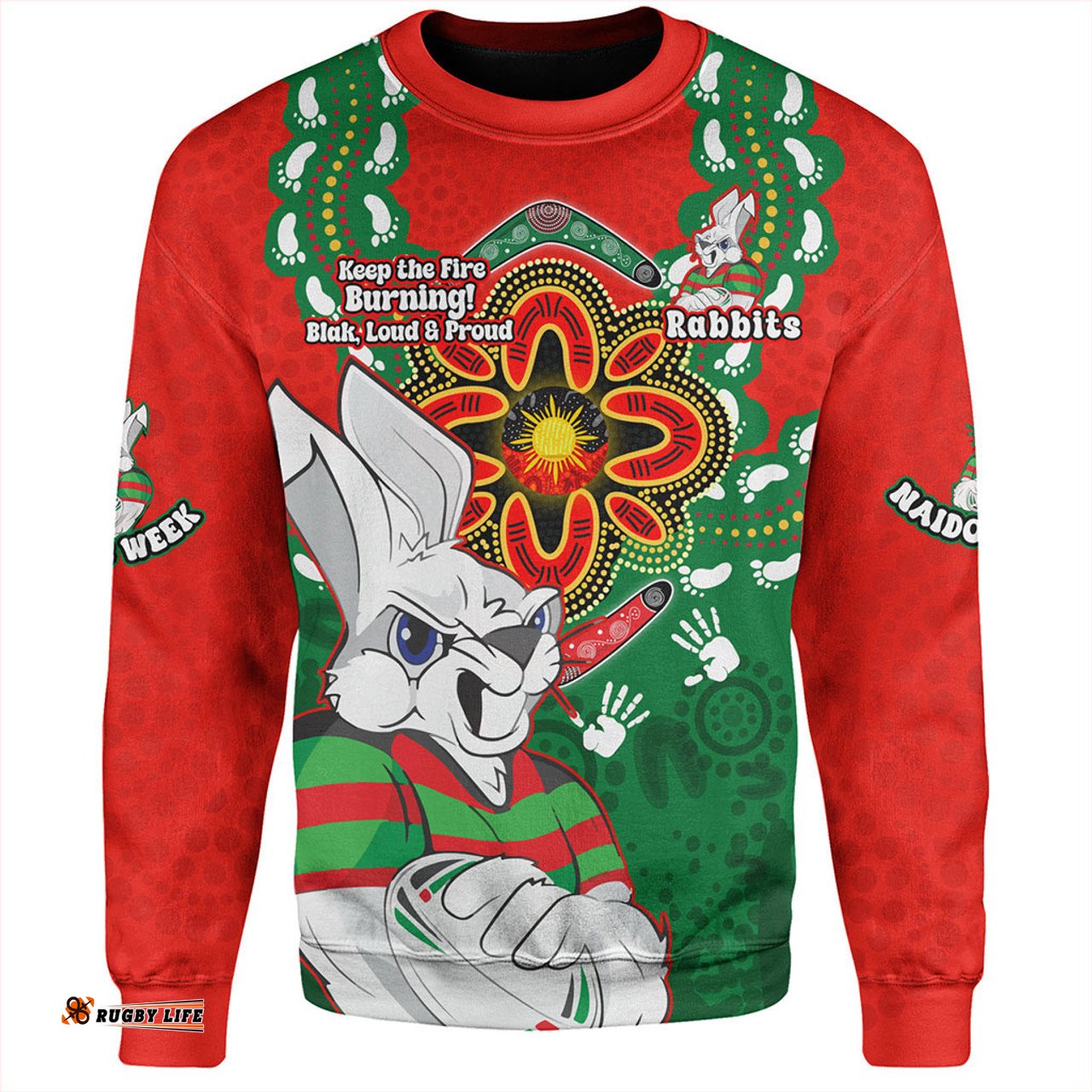 South Sydney Rabbitohs Sweatshirt Aboriginal Inspired Naidoc Symbol Pattern