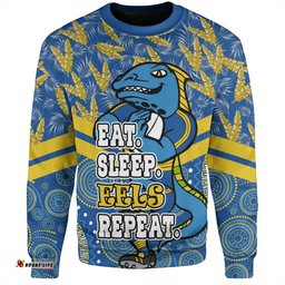 Parramatta Eels Sport Sweatshirt - Tropical Patterns And Dot Painting Eat Sleep Rugby Repeat