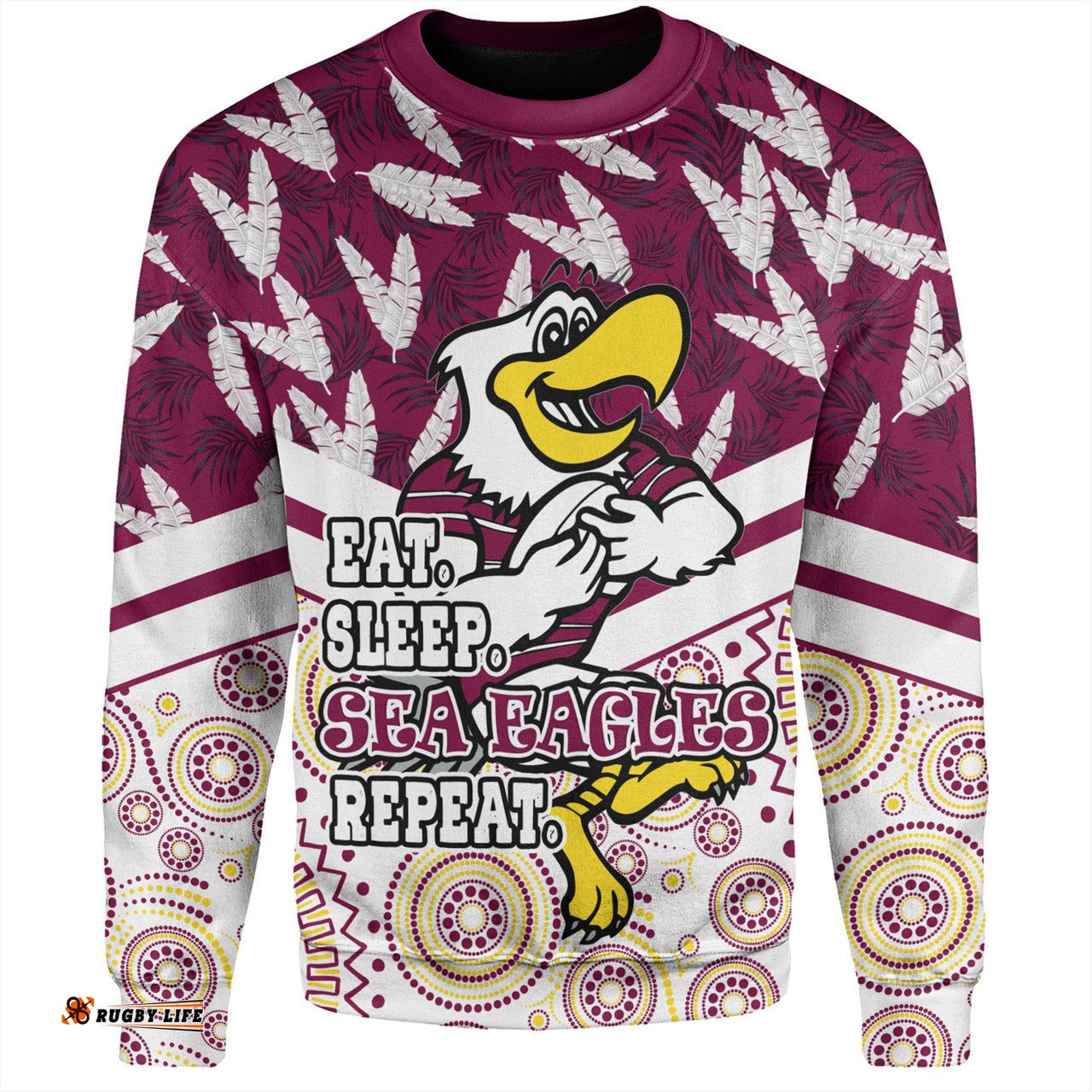 Manly Warringah Sea Eagles Sweatshirt - Tropical Patterns And Dot Painting Eat Sleep Rugby Repeat