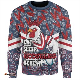 Sydney Roosters Sweatshirt - Tropical Patterns And Dot Painting Eat Sleep Rugby Repeat