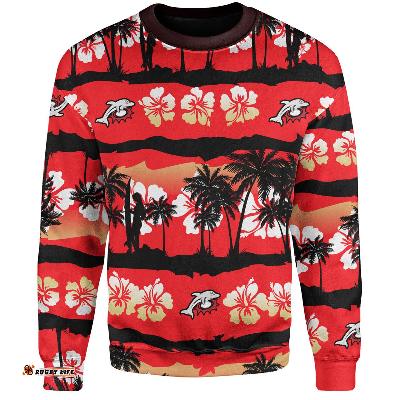 Redcliffe Dolphins Sweatshirt - Tropical Hibiscus and Coconut Trees
