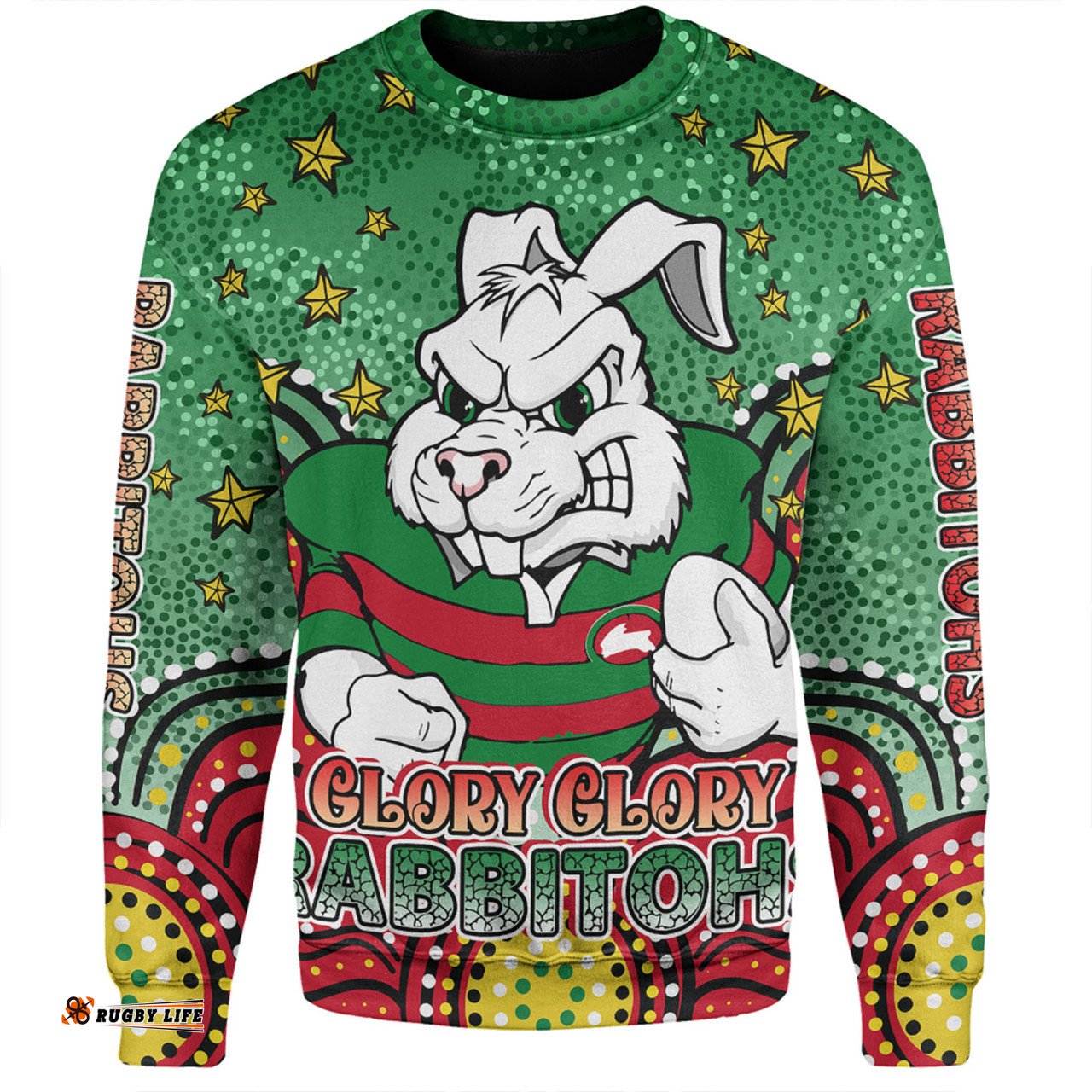 South Sydney Rabbitohs Sweatshirt - Custom With Aboriginal Inspired Style Of Dot Painting Patterns  Sweatshirt