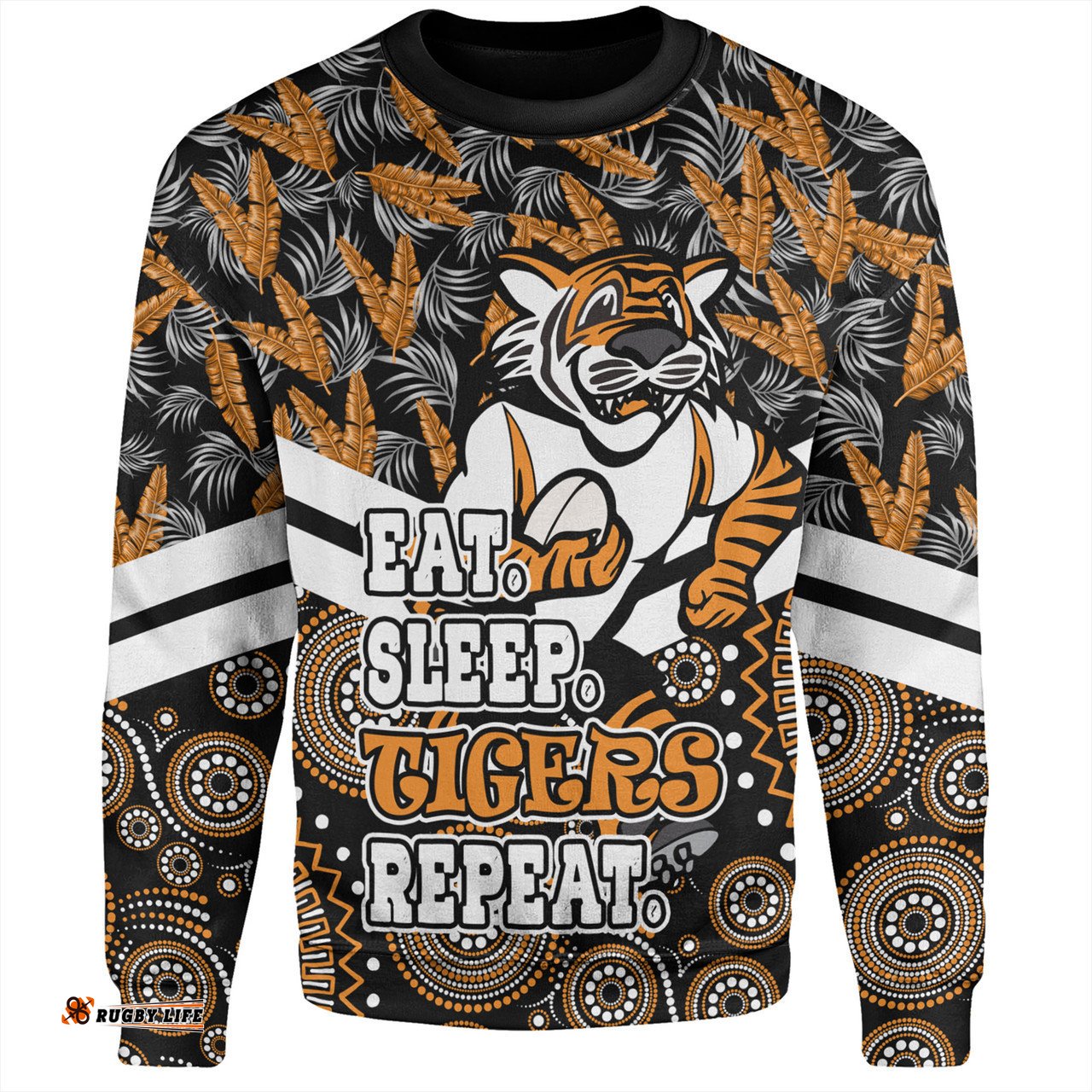 Wests Tigers Sweatshirt - Tropical Patterns And Dot Painting Eat Sleep Rugby Repeat