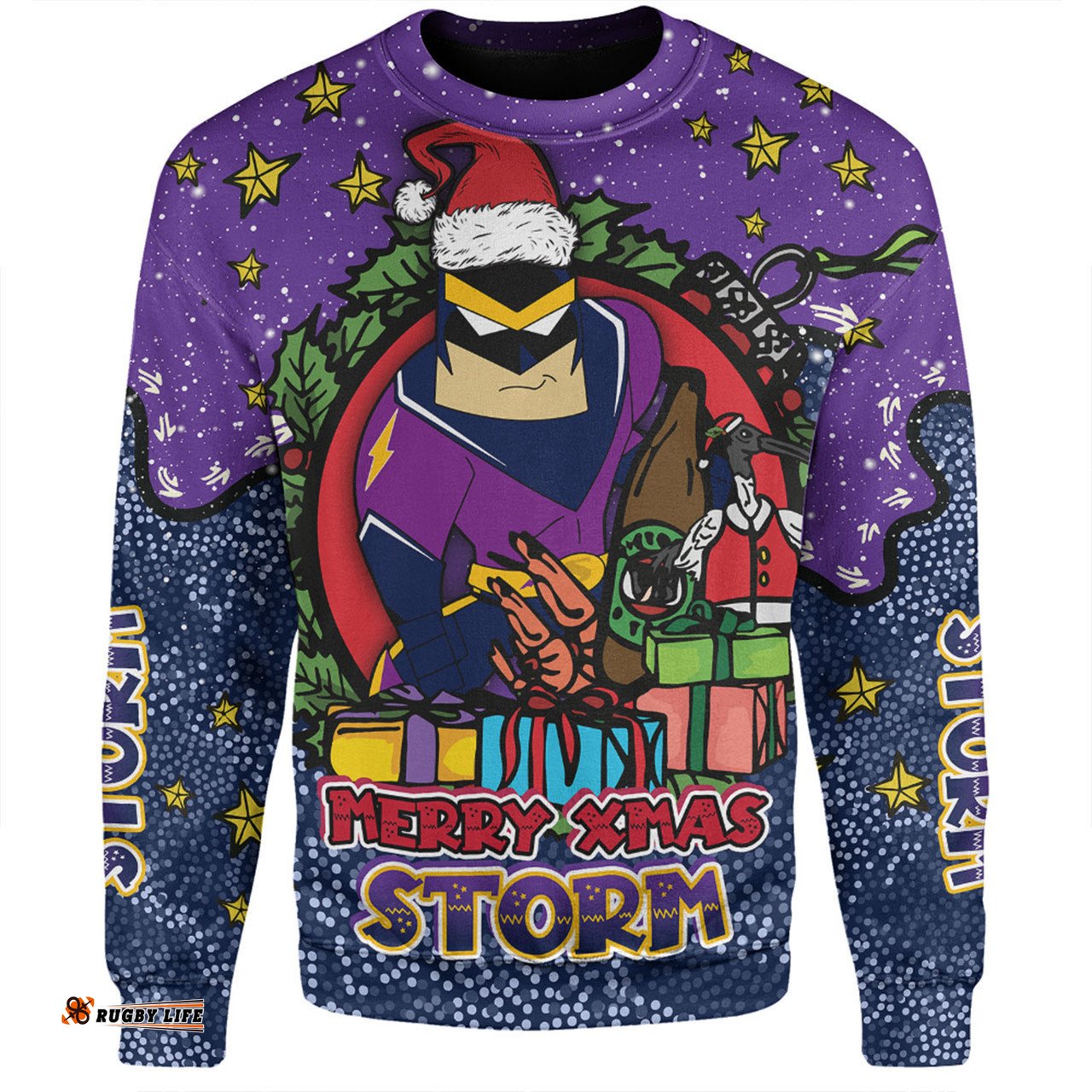 Melbourne Storm Christmas Custom Sweatshirt - Merry Christmas Our Beloved Team With Aboriginal Dot Art Pattern Sweatshirt