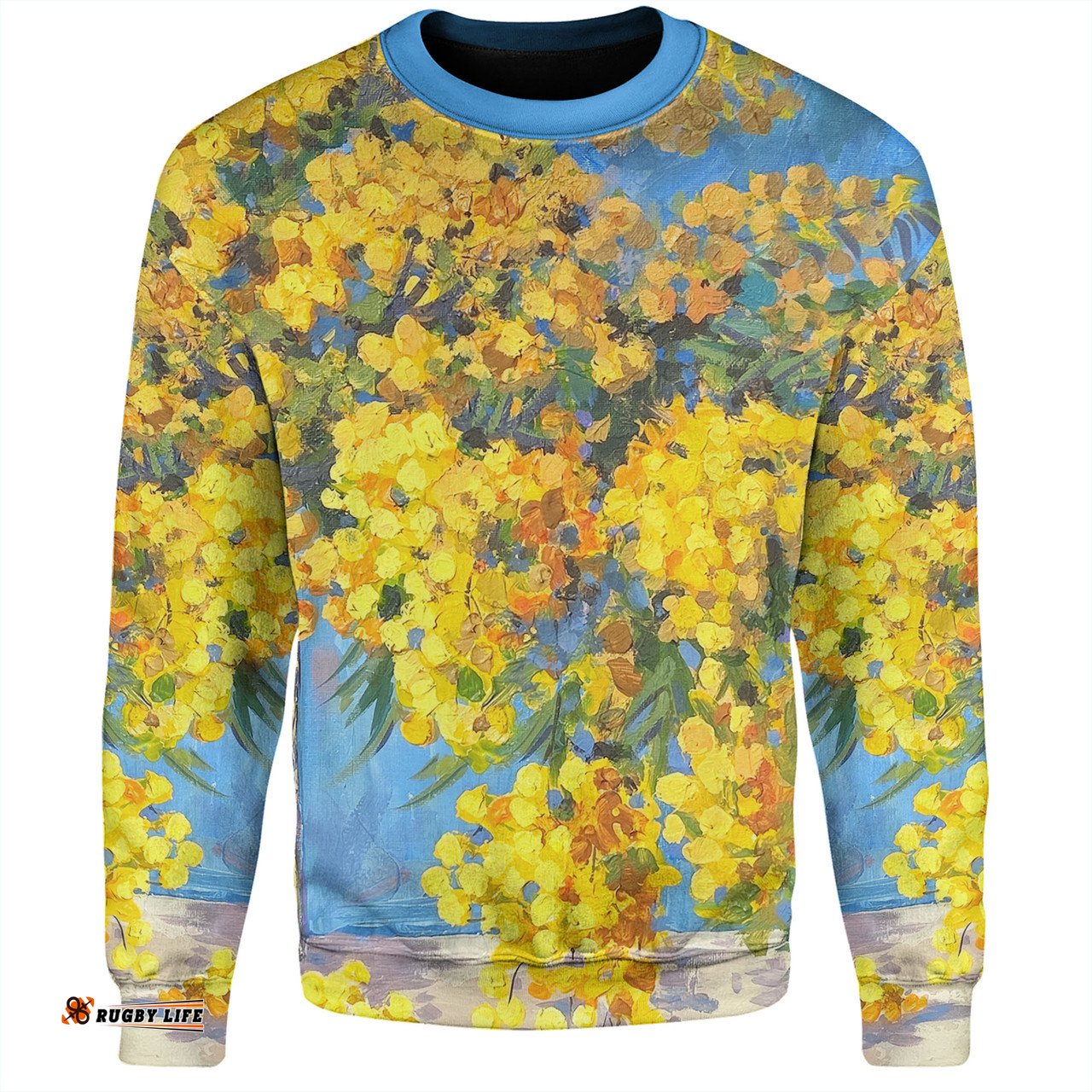 Amazing Aussie Australia Golden Wattle Golden Wattle Bouquet Blue Background Oil Painting Art  Sweatshirt