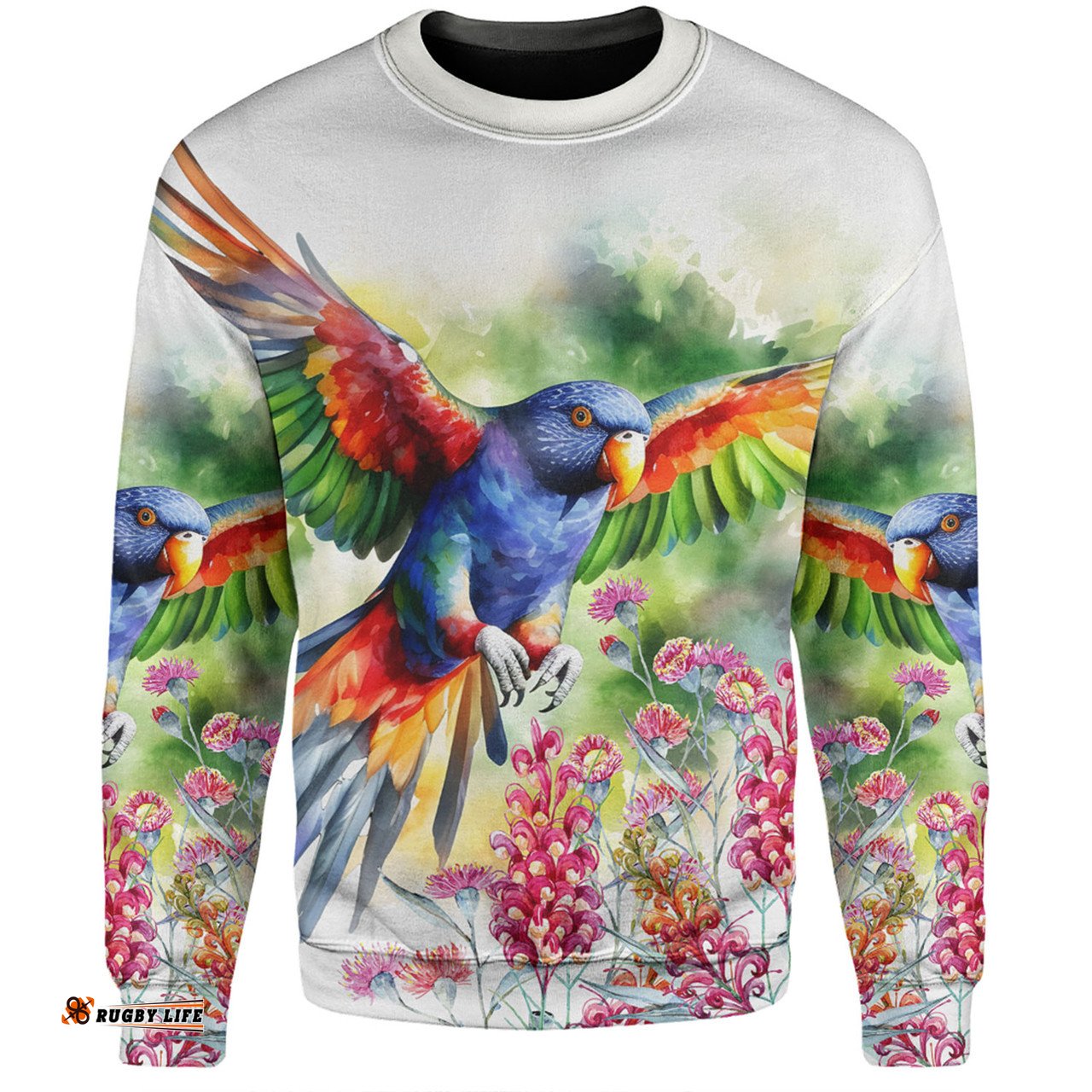 Amazing Aussie Australia Rainbow Lorikeets Rainbow Lorikeets Flying With Grevillea Flowers Art Sweatshirt