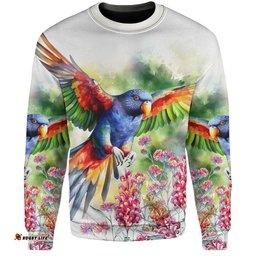 Amazing Aussie Australia Rainbow Lorikeets Rainbow Lorikeets Flying With Grevillea Flowers Art Sweatshirt