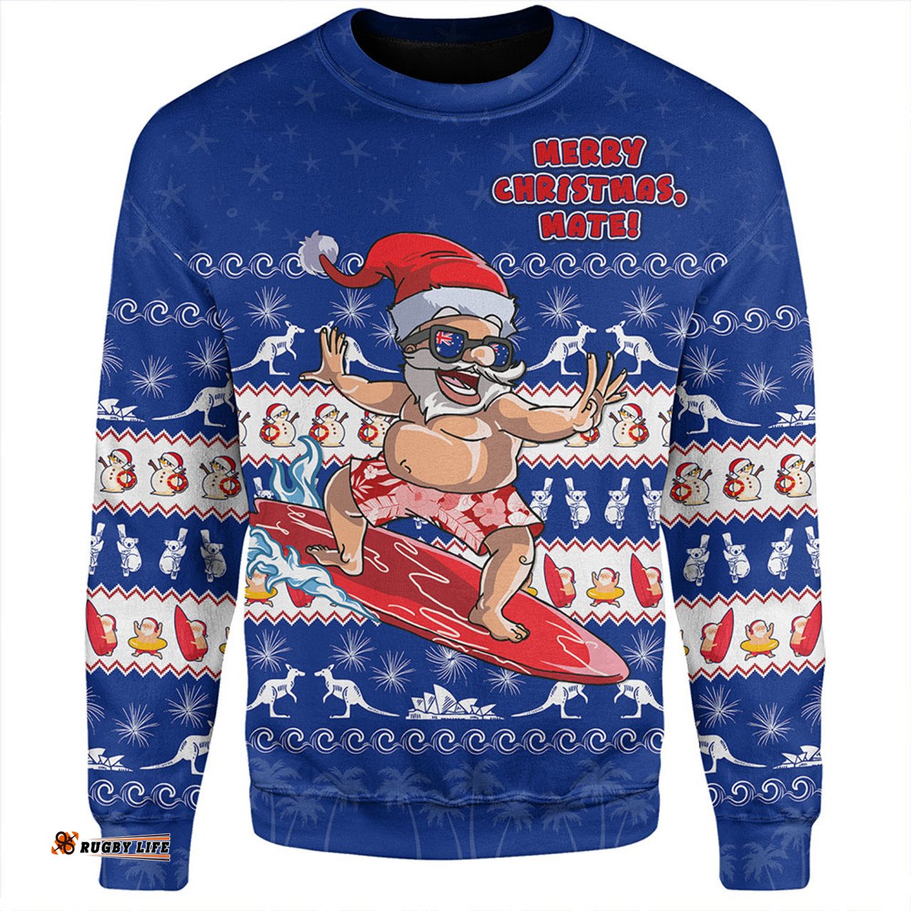 Amazing Aussie Australia Merry Christmas Mate Surf's Up Santa Blue Sweatshirt