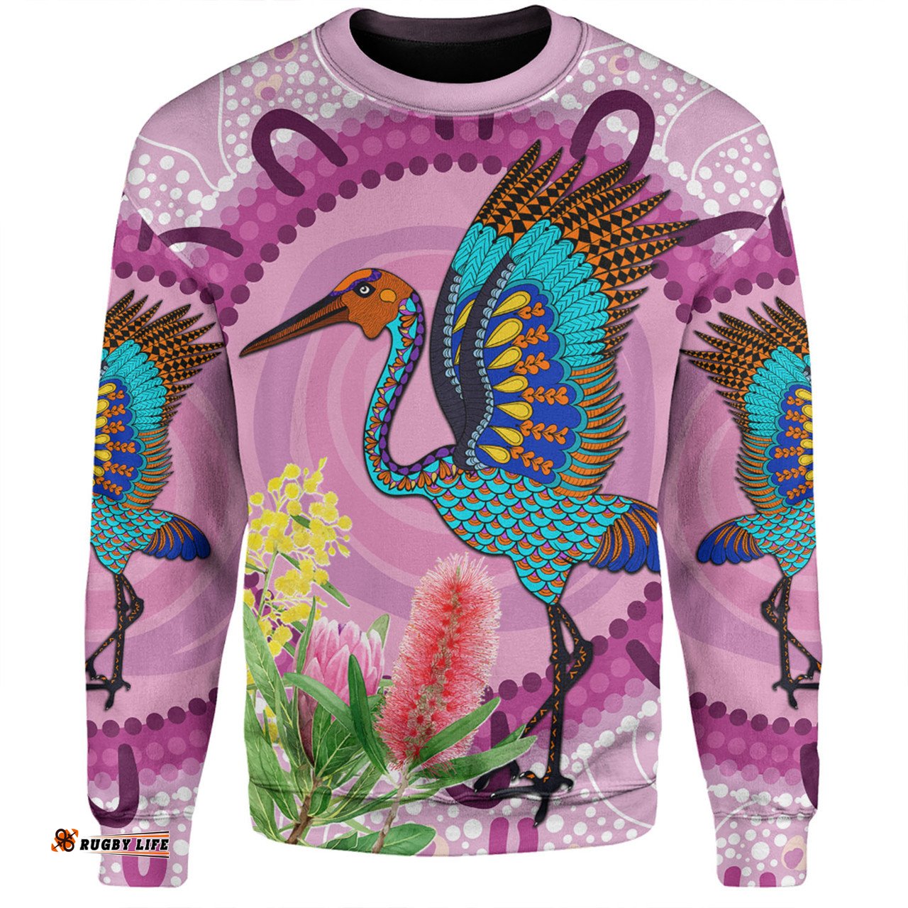 Amazing Aussie Australia Aboriginal Brolga Bird Dancing With Australia Native Flowers Sweatshirt