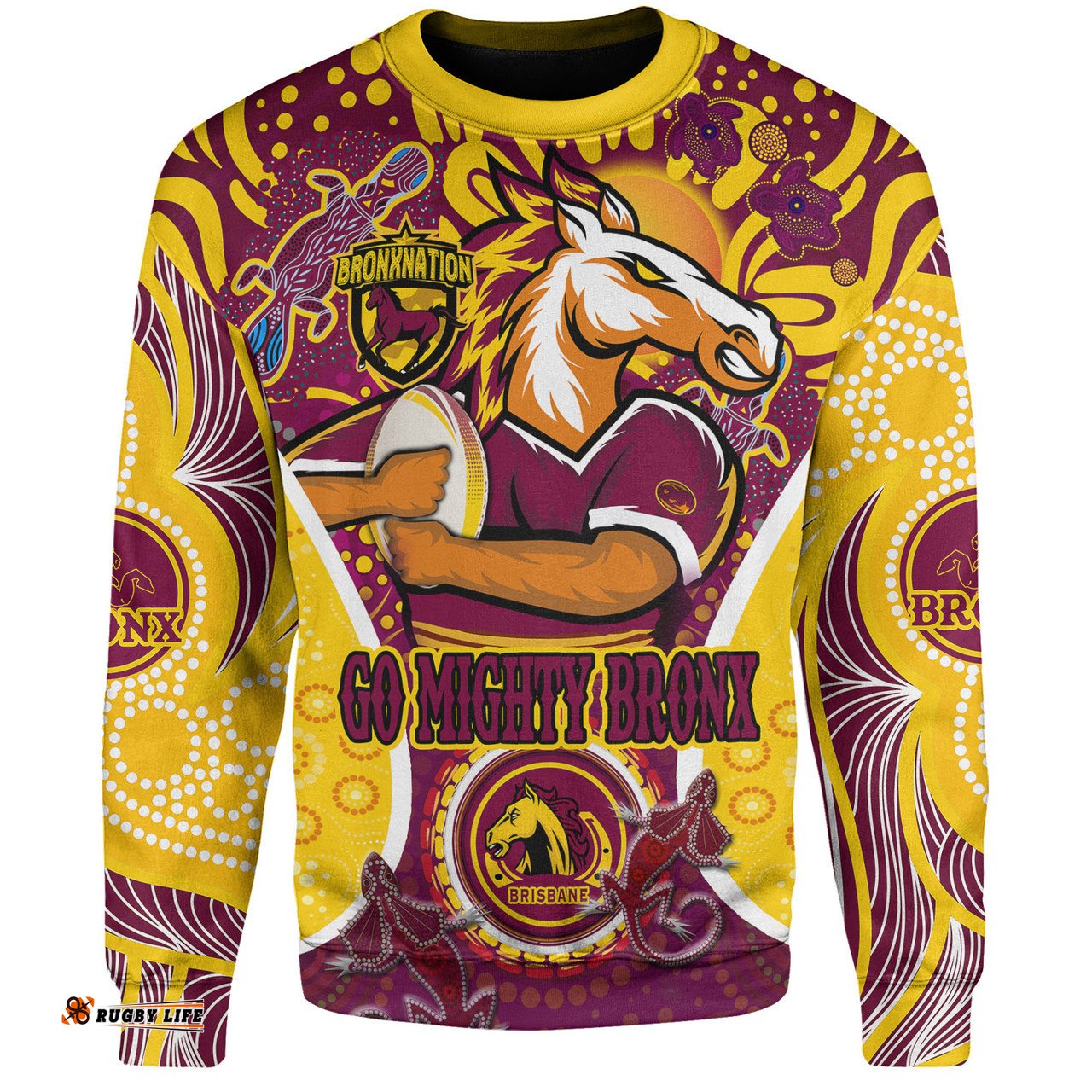 Amazing Aussie Brisbane Broncos Custom Go Mighty Broncos Indigenous Art Personalised Player Name And Number Sweatshirt