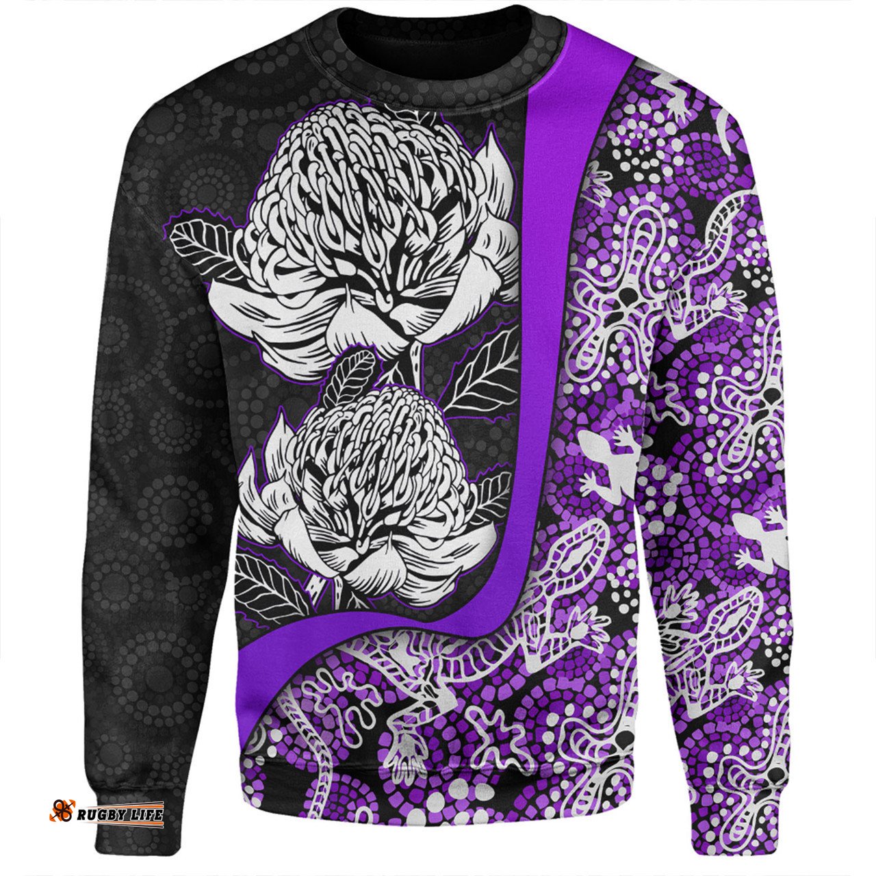 Amazing Aussie Australia Warratah Goanna Aboriginal Waratah Flowers With Purple Lizards, Stones, Sand Dot Art Painting Inspired Sweatshirt