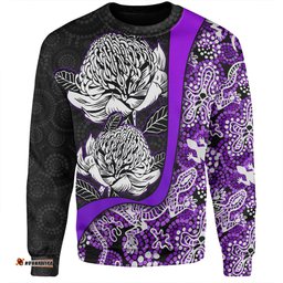 Amazing Aussie Australia Warratah Goanna Aboriginal Waratah Flowers With Purple Lizards, Stones, Sand Dot Art Painting Inspired Sweatshirt