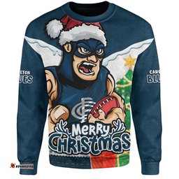 Amazing Aussie Carlton Santa Scoring Touchdown On Christmas Game Day Sweatshirt
