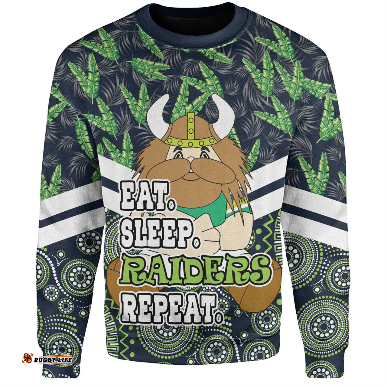 Amazing Aussie Canberra Raiders Tropical Patterns And Dot Painting Eat Sleep Rugby Repeat Sweatshirt