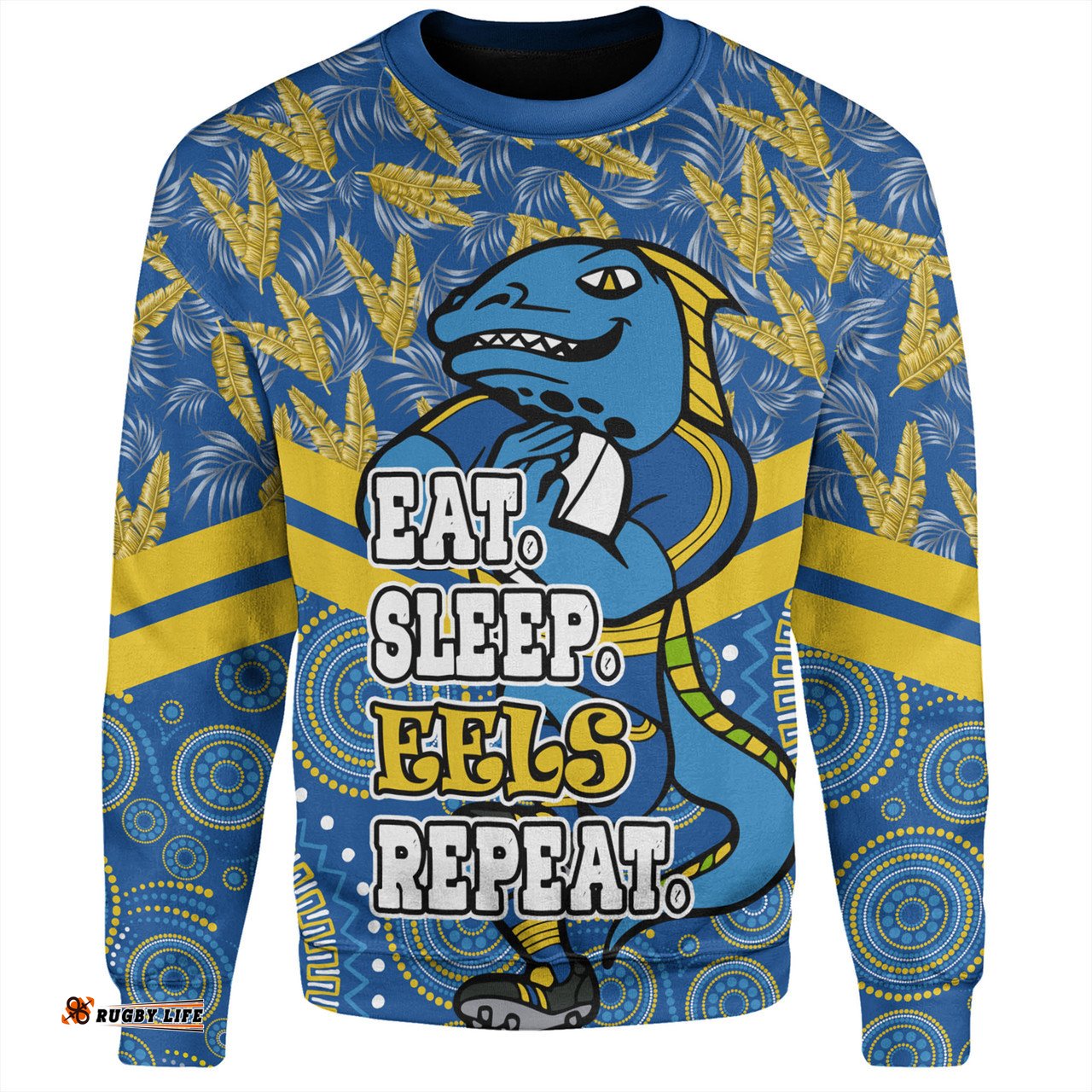 Amazing Aussie Parramatta Eels Sport Tropical Patterns And Dot Painting Eat Sleep Rugby Repeat Sweatshirt