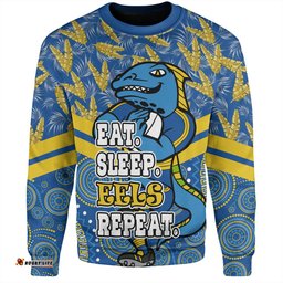 Amazing Aussie Parramatta Eels Sport Tropical Patterns And Dot Painting Eat Sleep Rugby Repeat Sweatshirt