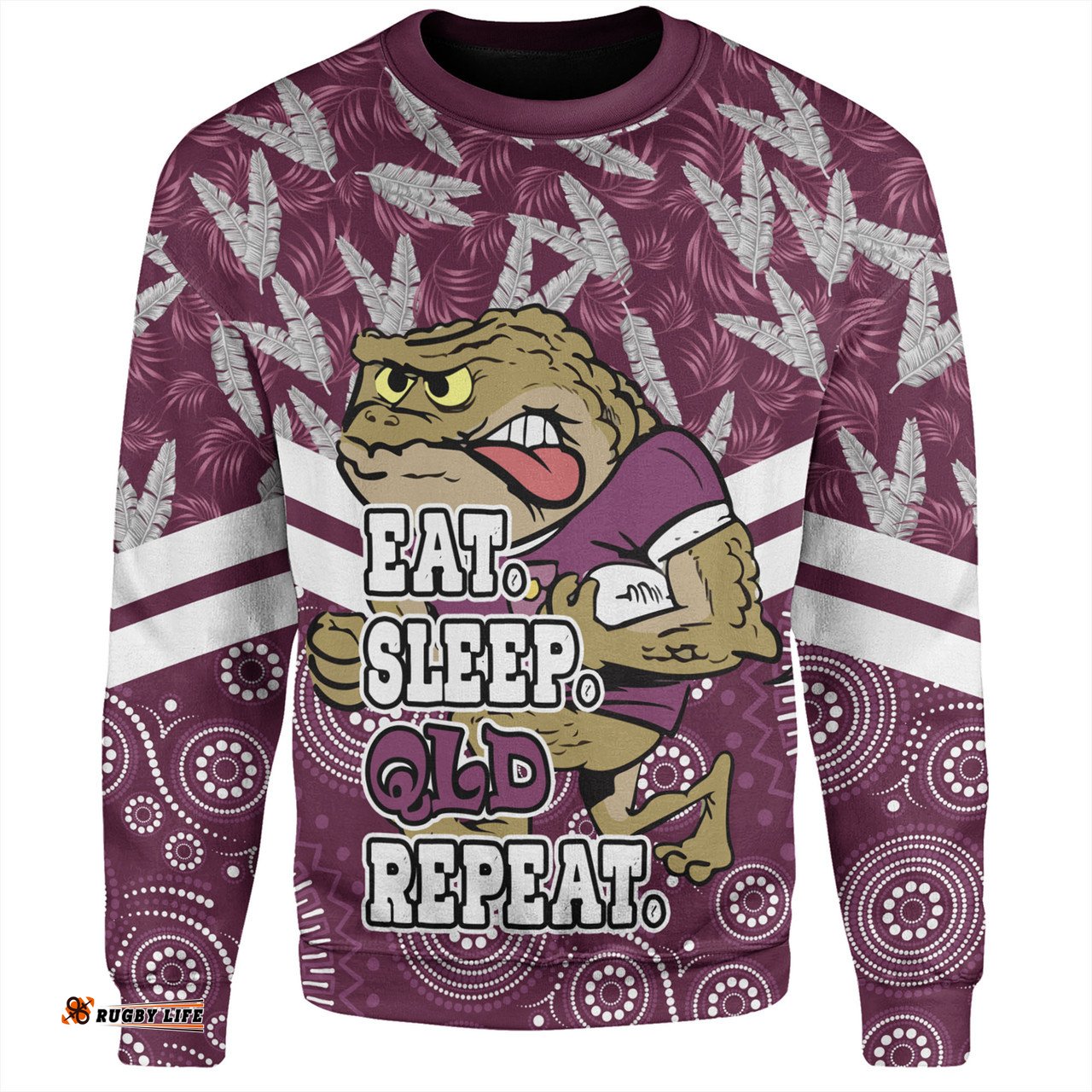 Amazing Aussie Cane Toads Sport Tropical Patterns And Dot Painting Eat Sleep Rugby Repeat Sweatshirt