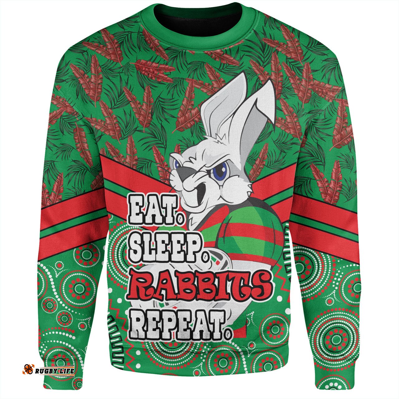 Amazing Aussie South Sydney Rabbitohs Tropical Patterns And Dot Painting Eat Sleep Rugby Repeat Sweatshirt