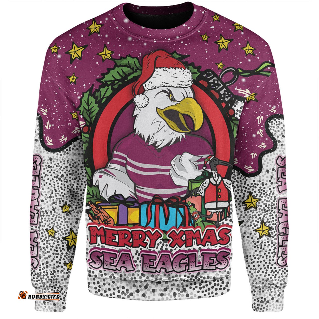 Amazing Aussie Manly Warringah Sea Eagles Christmas Custom Merry Christmas Our Beloved Team With Aboriginal Dot Art Pattern Sweatshirt