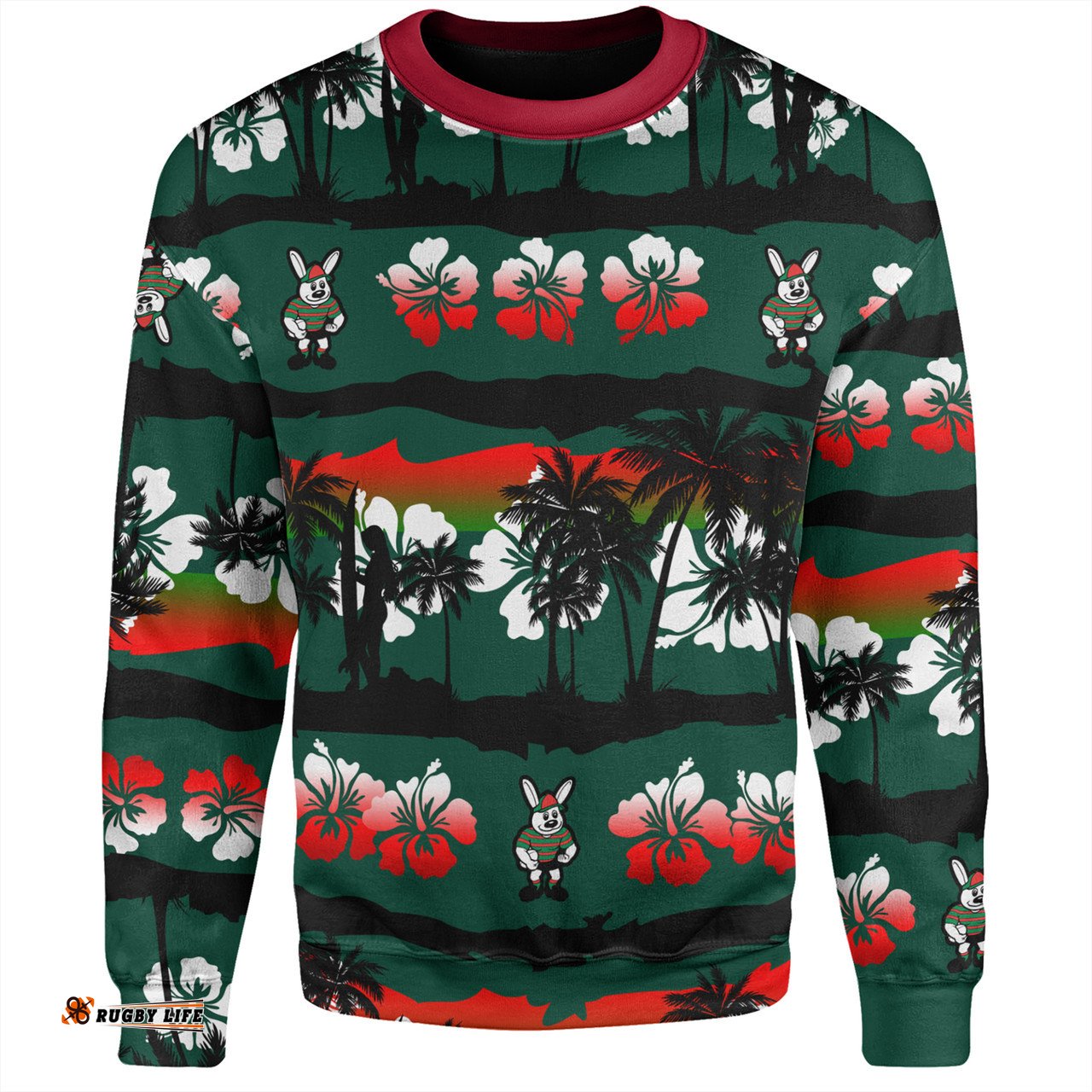 Amazing Aussie South Sydney Rabbitohs Tropical Hibiscus and Coconut Trees Sweatshirt