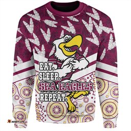 Amazing Aussie Manly Warringah Sea Eagles Tropical Patterns And Dot Painting Eat Sleep Rugby Repeat Sweatshirt