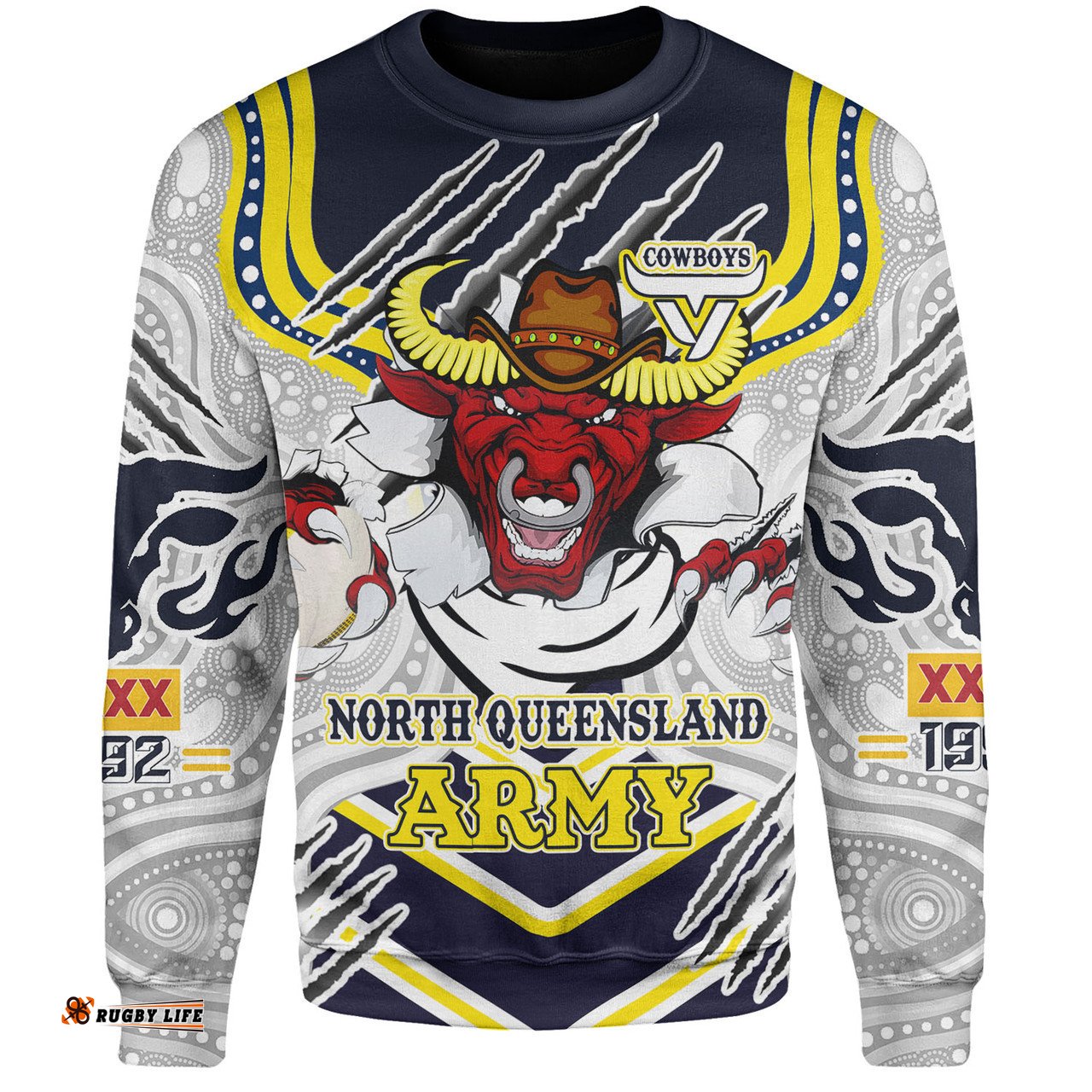 Amazing Aussie North Queensland Cowboys Custom Indigenous North Queensland Cowboys Army Scratch Style Sweatshirt
