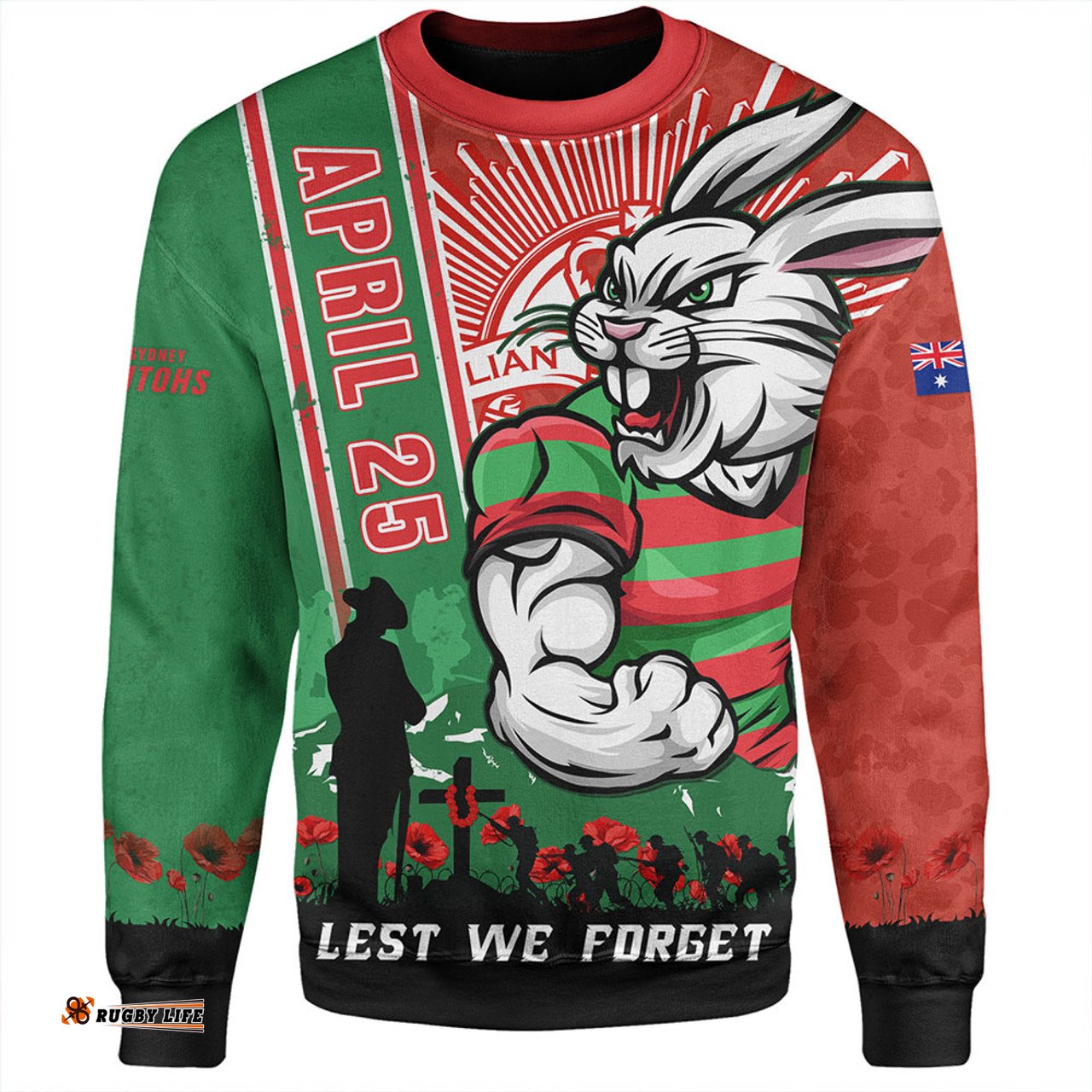 Amazing Aussie South Sydney Rabbitohs Anzac Day Lest We Forget Strong Fighting Spirit Sweatshirt