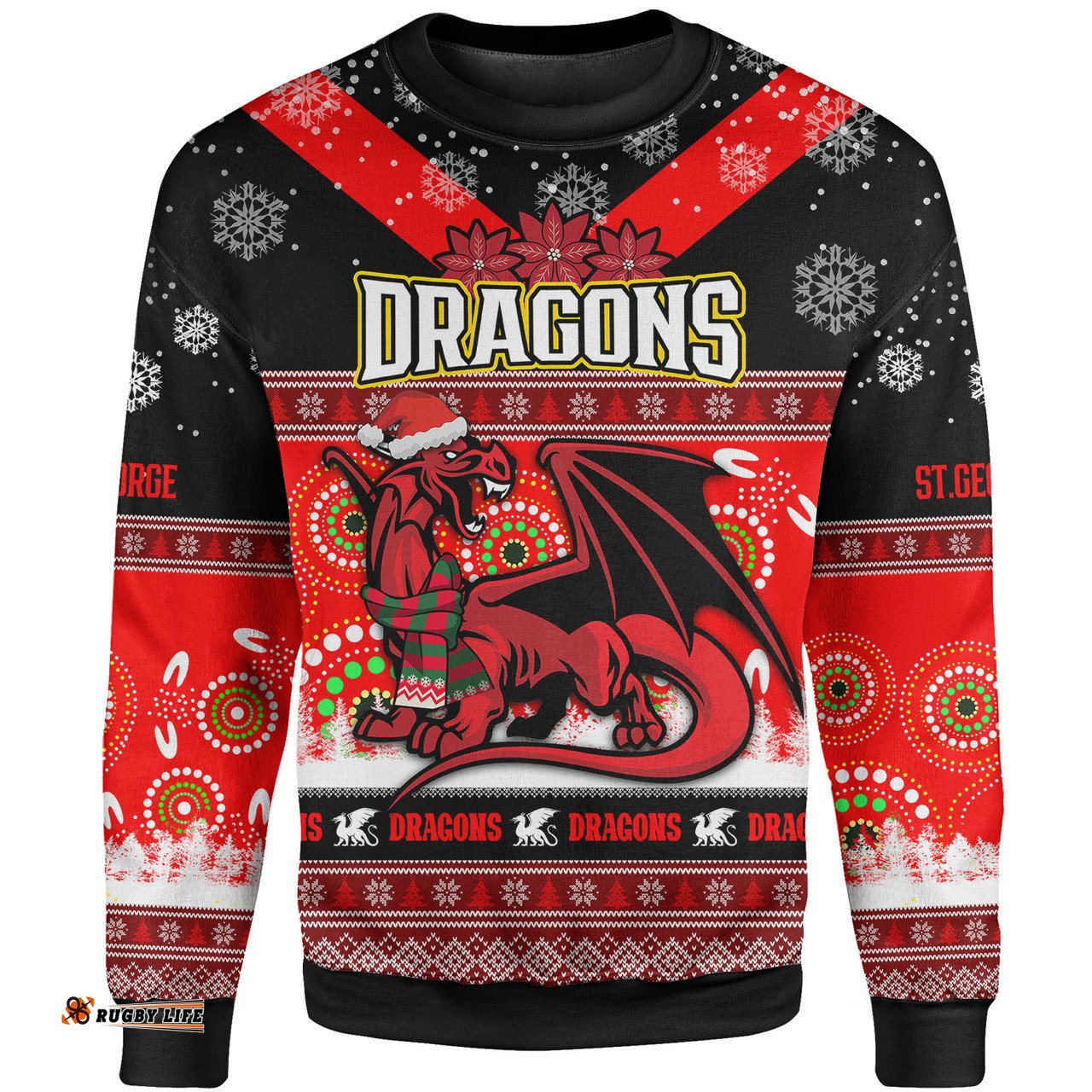 Amazing Aussie St.George Christmas Custom Dragons Ugly Christmas And Aboriginal Inspired Patterns Sweatshirt