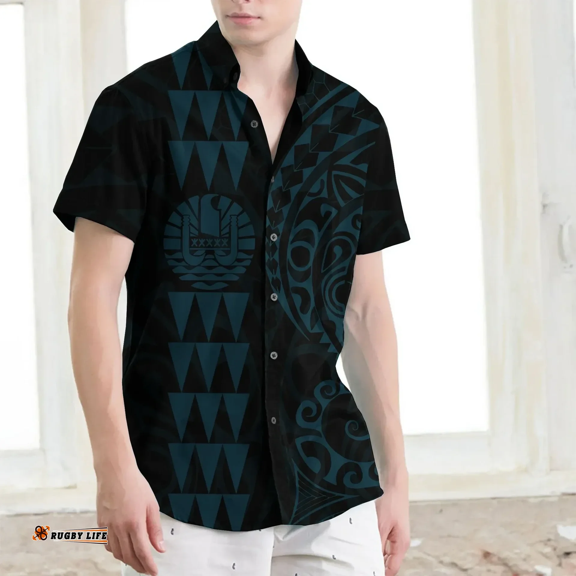 Tahiti Polynesian Short Sleeve Shirt Blue - J4